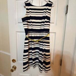 The Limited Navy and White Striped Midi Dress with Yellow Accent